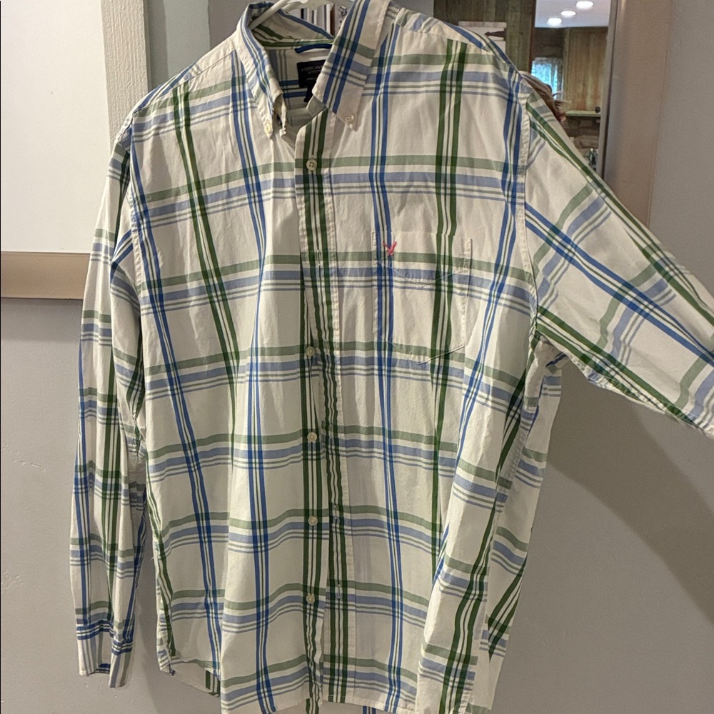 American Eagle Outfitters White, Green, and Blue Plaid Shirt